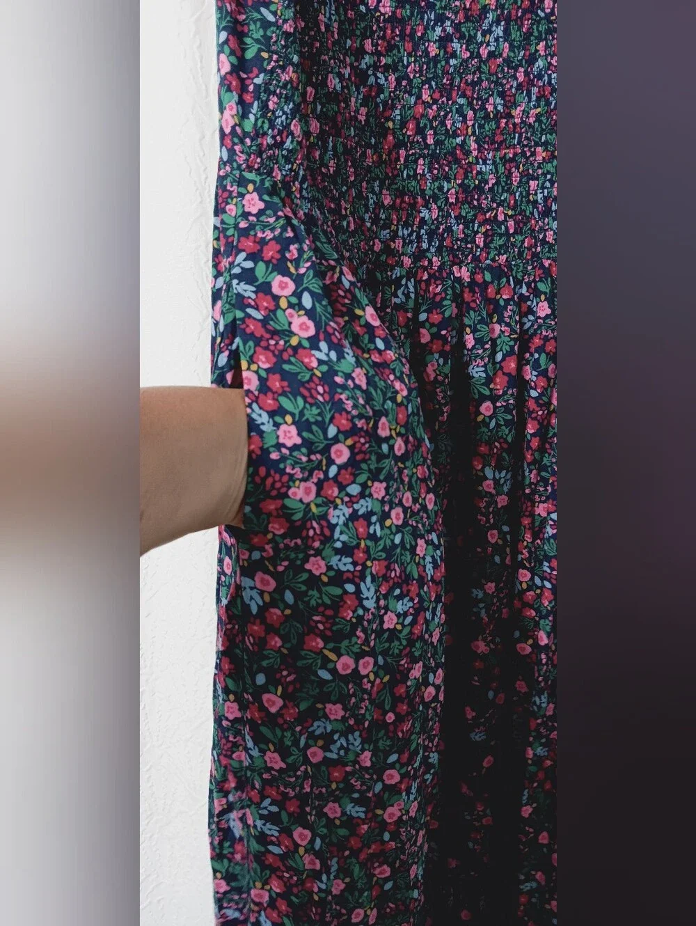 J. CREW Smoked Floral Midi Dress in Navy- Pink-Green Pockets,Zip On Back Size XL